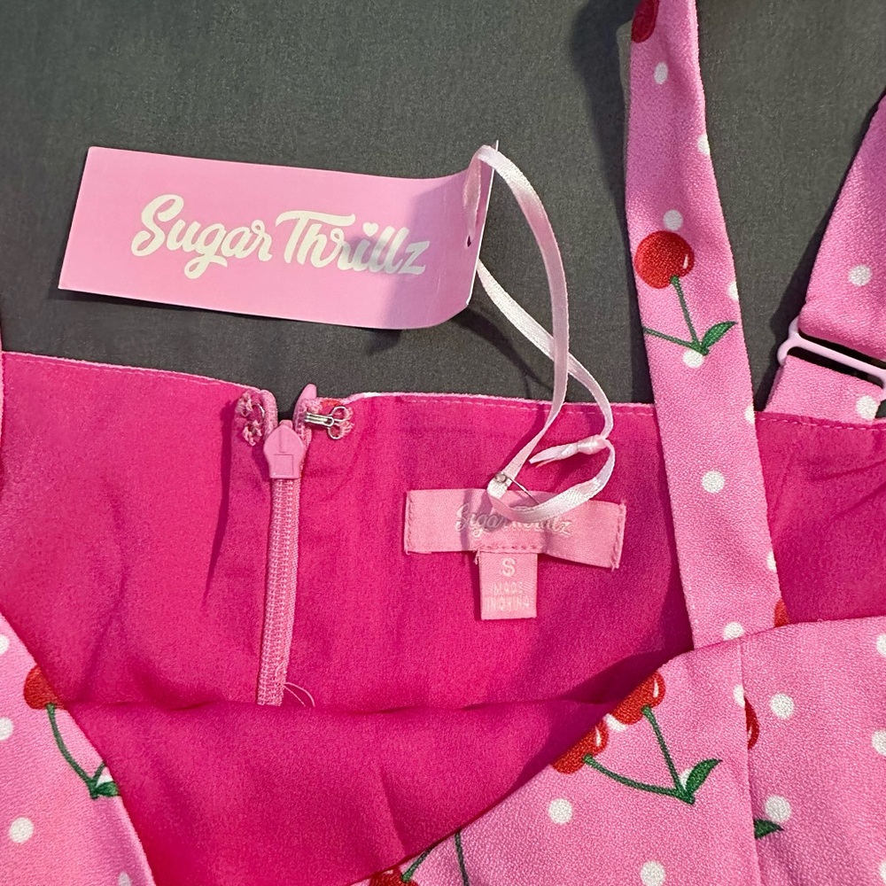 Sugar Thrillz Cherry Munroe Mini Dress Pink Cherry Print BNWT Small Dollskill - Picture 3 of 10